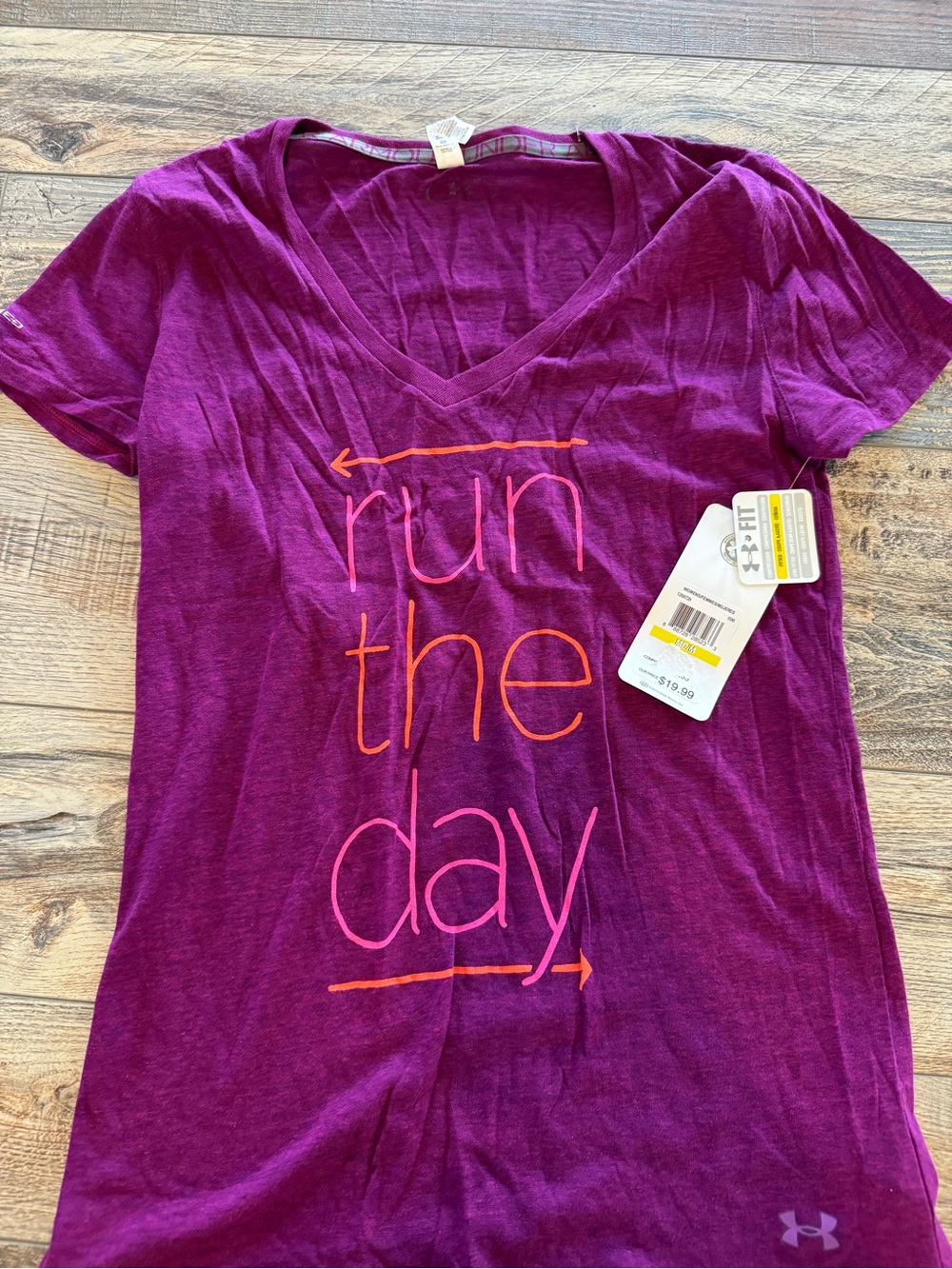 Under Armour Women's V-Neck 'Run the Day' Tee - Magenta with Orange Graphic